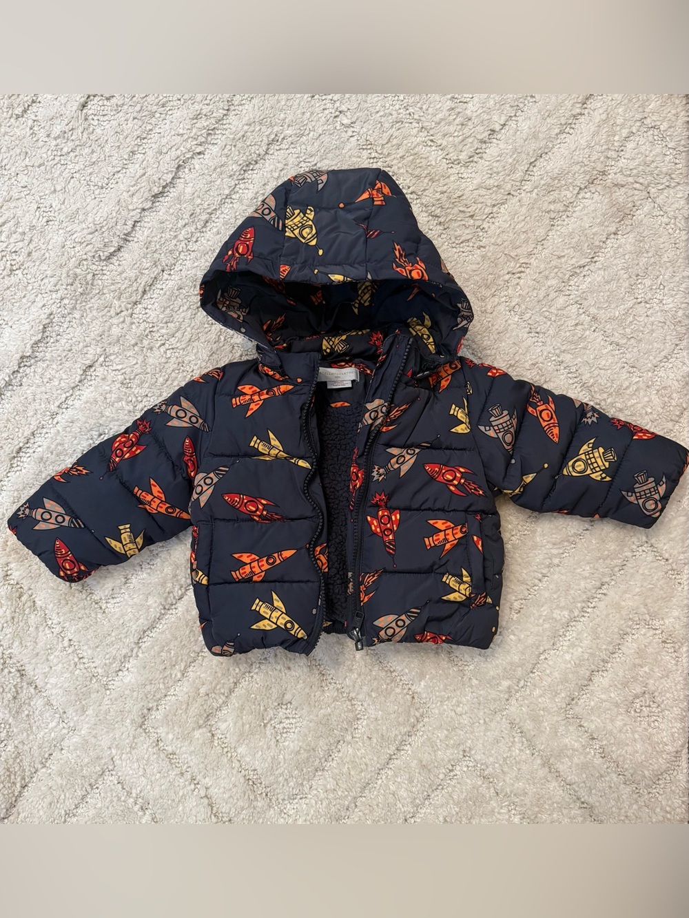 Stella McCartney Navy Hooded Puffer with Red and Yellow Rocket Print